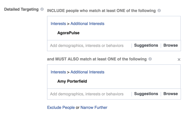 Limitați direcționarea anunțurilor dvs. Facebook selectând interese suplimentare, cum ar fi un anumit factor de influență sau o companie.