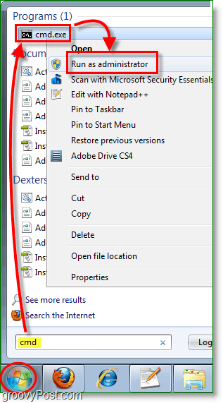 Captura de ecran de Windows 7 -run cmd ca administrator