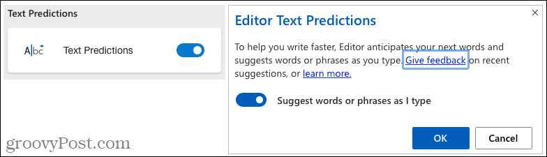Predicții de text Microsoft Editor