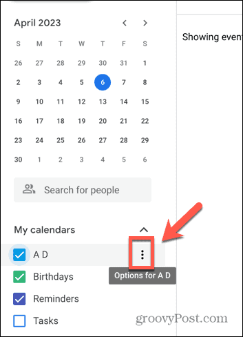 Captură de ecran cu pictogramă cu trei puncte Google Calendar