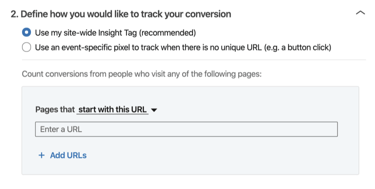 Definiți modul în care doriți să vă urmăriți secțiunea conversiei din procesul de configurare a urmăririi conversațiilor LinkedIn