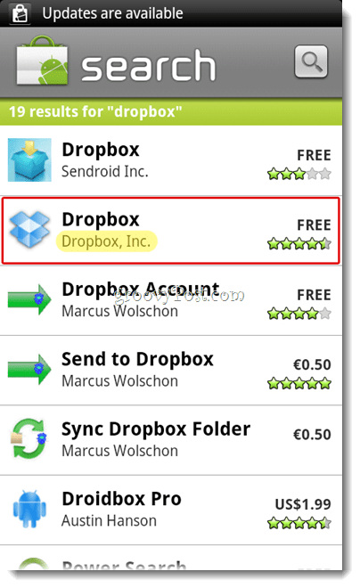 Meniu Căutare Dropbox Android