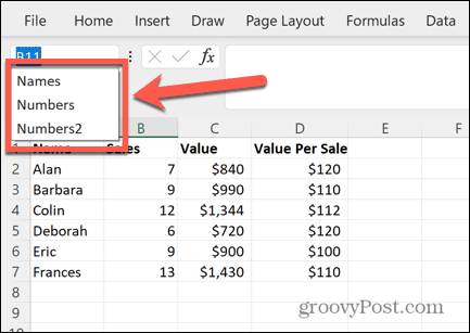 Excel selectează interval de nume