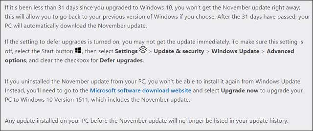 Notele de actualizare Microsoft Win10 din noiembrie