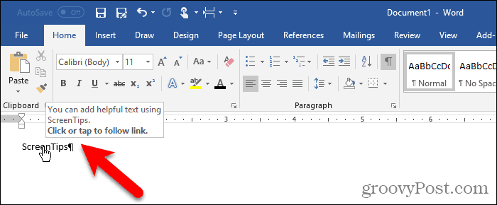 Marcaj ascuns și fără Ctrl + Faceți clic pe ScreenTip în Word