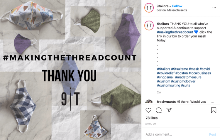 9Tailor Instagram post despre vânzările de măști