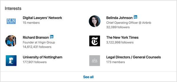 Accesați profilurile LinkedIn ale clienților dvs. de vis și vizualizați interesele acestora în partea de jos a paginii.