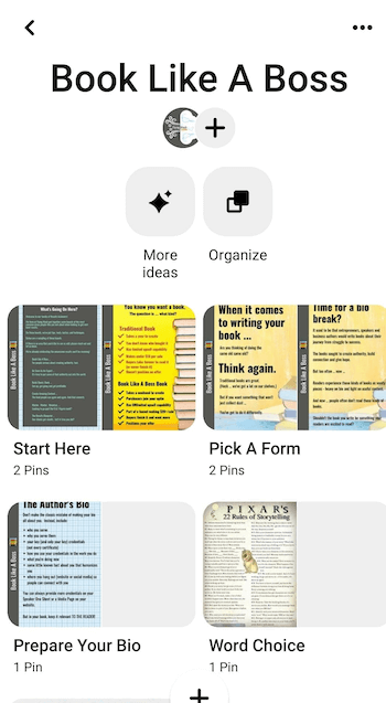 Exemplu de captură de ecran cu secțiunile forumului pinterest pentru carte, cum ar fi un board boss