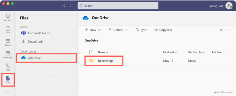 Fișiere, OneDrive, înregistrări în echipe