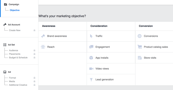 Selectați obiectivul pentru campania dvs. Facebook.
