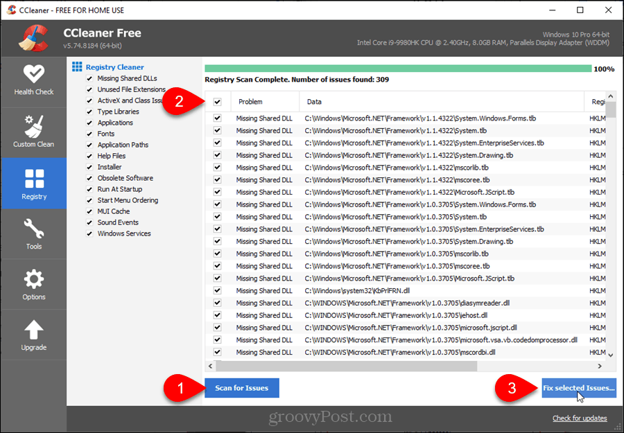 Registry Cleaner în CCleaner