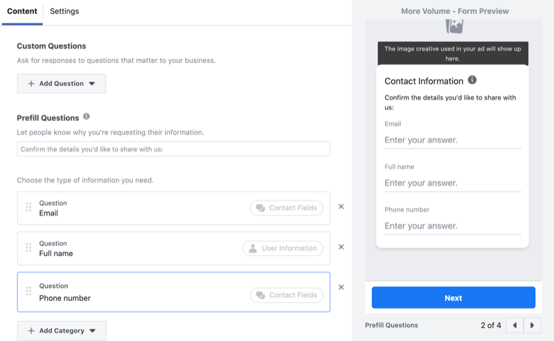 adăugați întrebări personalizate la formularul de generare de clienți potențiali Facebook
