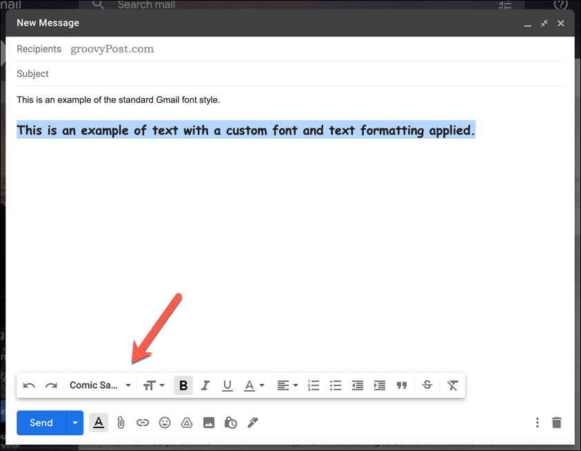 Schimbarea manuală a stilului fontului în Gmail