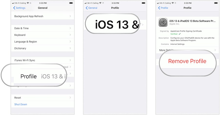 Profilul iOS 13 de la distanță