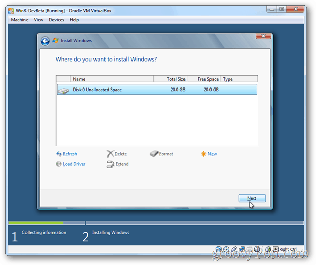 VirtualBox Windows 8 alege discul pentru instalare