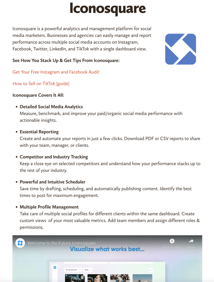 Exemplu de pagină de resurse pentru instrumentele software Social Media Examiner