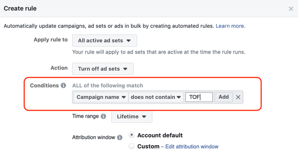 Utilizați regulile automatizate Facebook, opriți setul de anunțuri atunci când rentabilitatea cheltuielilor publicitare scade sub minim, pasul 2, stabiliți condițiile
