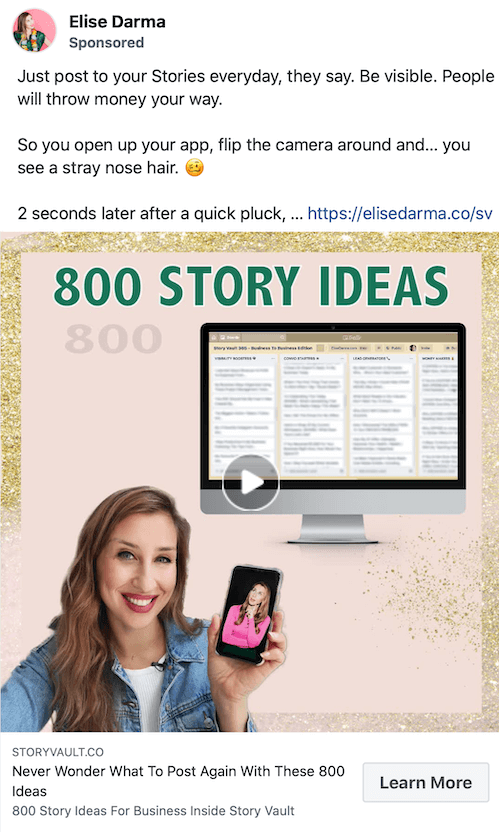 exemplu de captură de ecran al unei postări sponsorizate de elise darma promovând 800 de idei pentru povești