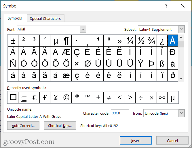 Simboluri pentru semnele de accent în Word