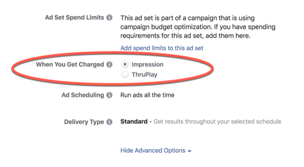 Taxe de optimizare Facebook ThruPlay.