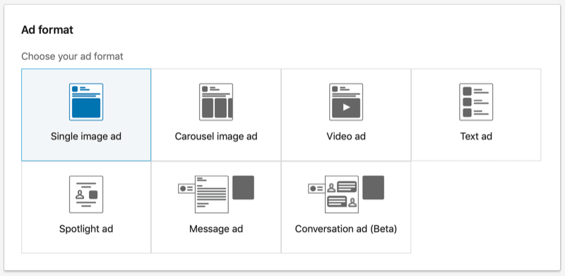 Opțiunea de format de anunț cu imagine unică LinkedIn selectată