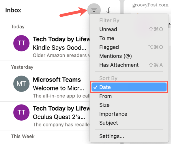 Sortați după dată în Outlook pe Mac