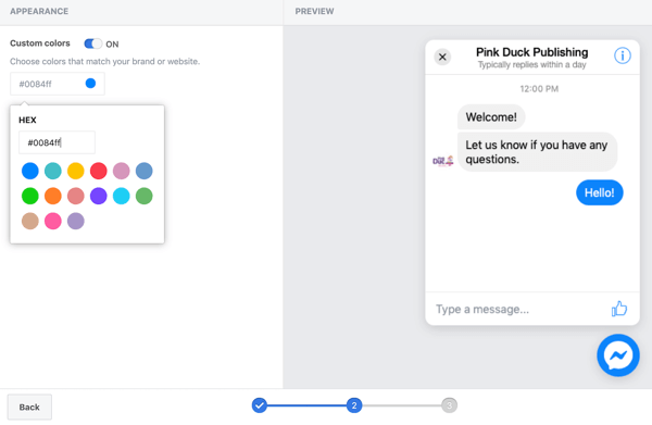Utilizați Google Tag Manager cu Facebook, pasul 11, opțiuni pentru a seta culori personalizate pentru pluginul dvs. de chat Facebook