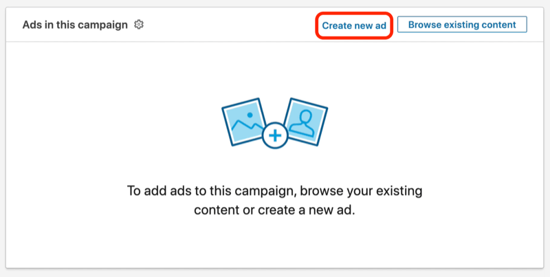 captură de ecran a butonului Creare anunț nou în timpul configurării campaniei LinkedIn