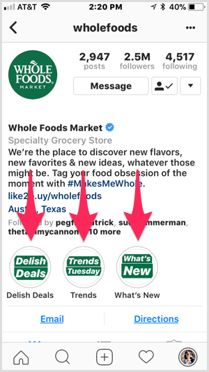 Evidențierea Instagram pe profilul Whole Foods.