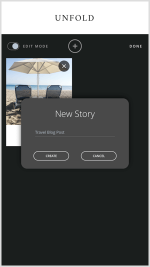 Atingeți pictograma + pentru a crea o nouă poveste cu Desfășurați.
