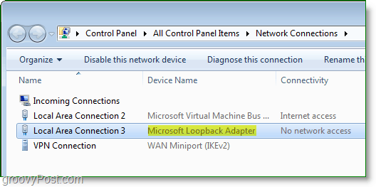 Ecran de rețea Windows 7 - adaptorul Microsoft Loopback vizibil în fereastra conexiunilor de rețea