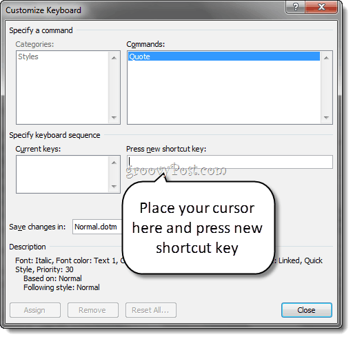 Comenzile rapide de la tastatură în stil personalizat 2010