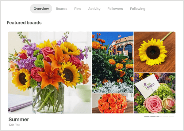 exemplu de secțiune Panouri recomandate pentru profilul Pinterest
