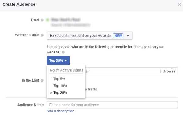 Creați un public personalizat pe Facebook de persoane care petrec cel mai mult timp pe site-ul dvs. web.