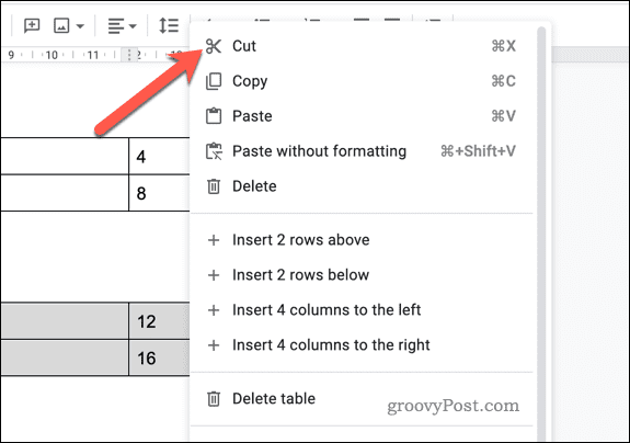 Tăiați datele din tabel în Google Docs