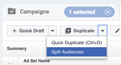 În Facebook Power Editor, faceți clic pe săgeata din dreapta Duplicate și selectați Divizarea segmentelor de public.