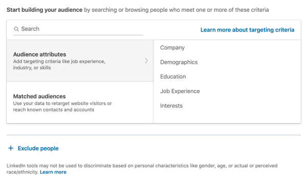 Cum să creați un anunț text LinkedIn, pasul 7, începeți să vă construiți publicul, opțiunea atributelor de public