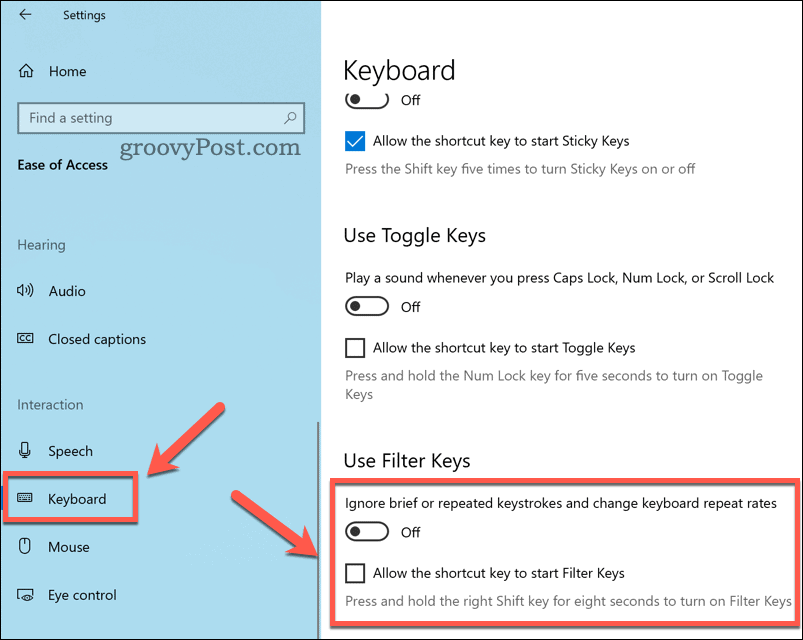 Configurarea setărilor tastelor de filtrare pe Windows 10