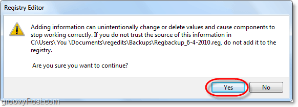 confirmați restaurarea registrului Windows 7 și Vista