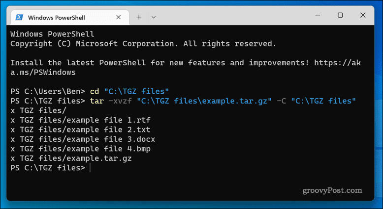 Extragerea fișierelor TGZ pe Windows 11 folosind aplicația terminal