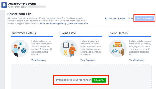 Opțiunea de a trage și plasa fișierul de date în Facebook Ads Manager.