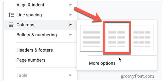 Opțiunea Două coloane din Google Docs
