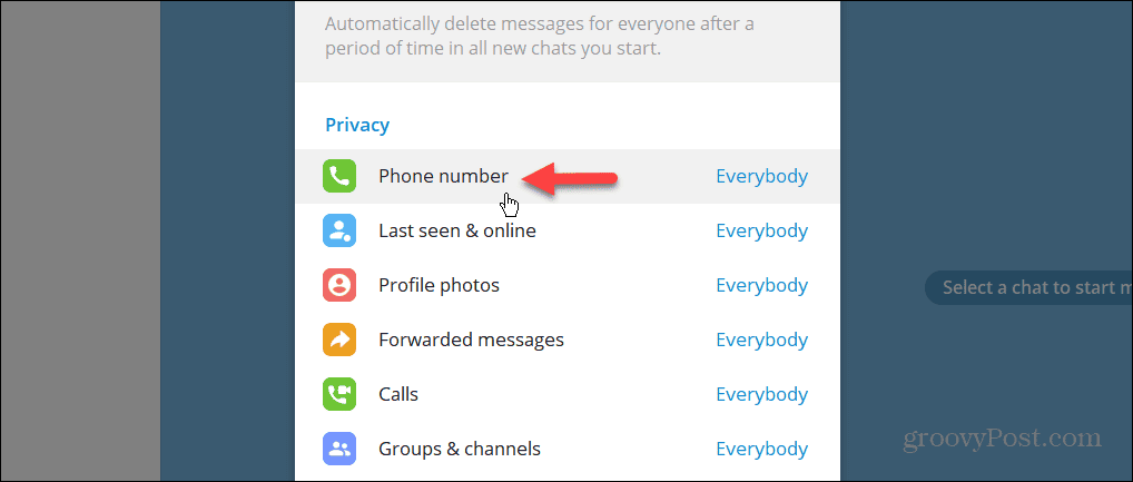 Setarea de confidențialitate a numărului de telefon în aplicația desktop Telegram