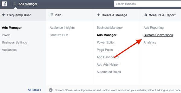 Accesați Facebook Ads Manager și faceți clic pe Conversii personalizate în coloana Măsurați și raportați.