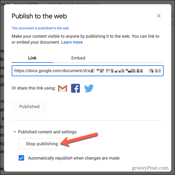 Opriți publicarea unui document în Google Docs