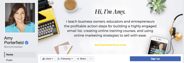 Amy Porterfield are o pagină de afaceri care conține o fotografie de profil profesională și o pagină de copertă care evidențiază produsele și serviciile oferite de afacerea ei.