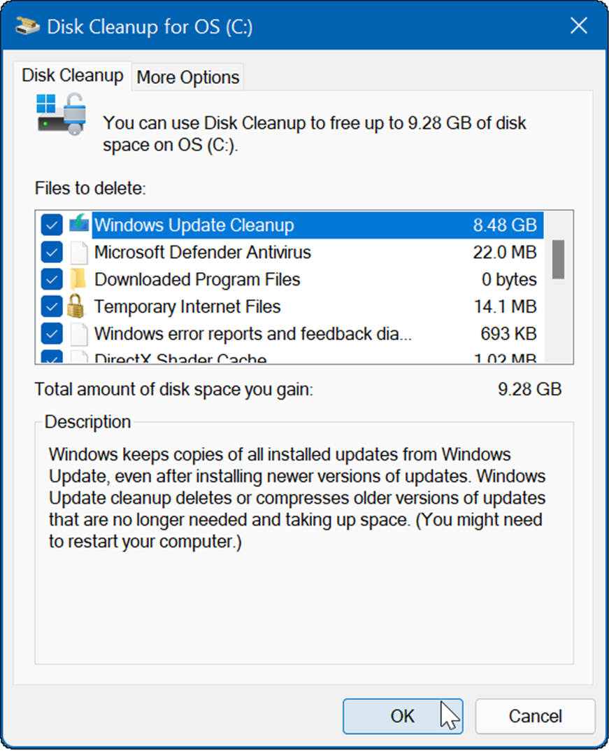 rezultatul va fi mai multe fișiere temporare, inclusiv Windows Update Cleanup