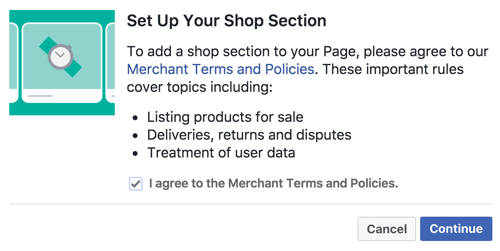 Acceptați Termenii și politicile comercianților pentru a vă configura secțiunea Magazin Facebook.