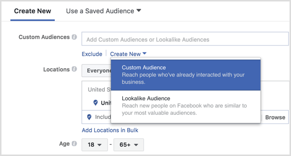 Managerul Facebook Ads creează un public personalizat în timpul configurării anunțurilor