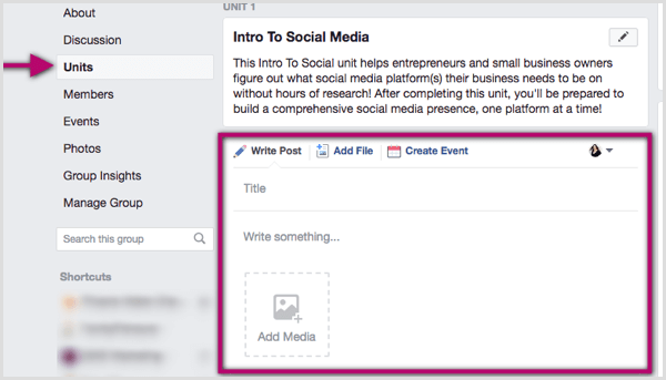 Faceți clic în unitatea de grup Facebook și scrieți o postare, adăugați un fișier sau creați un eveniment.